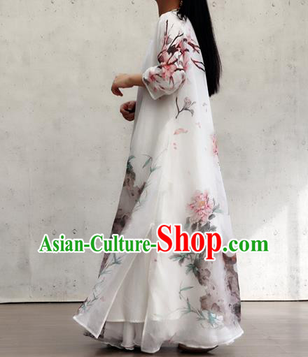 Chinese Traditional National Woman Costume Printing Peony Cat White Flax Qipao Dress Chinese Traditional National Woman Costume Printing Peony Cat White Flax Qipao Dress