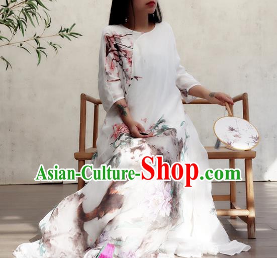 Chinese Traditional National Woman Costume Printing Peony Cat White Flax Qipao Dress Chinese Traditional National Woman Costume Printing Peony Cat White Flax Qipao Dress
