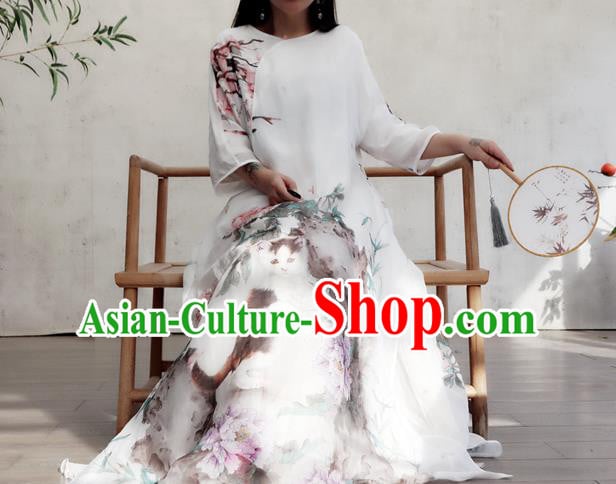 Chinese Traditional National Woman Costume Printing Peony Cat White Flax Qipao Dress Chinese Traditional National Woman Costume Printing Peony Cat White Flax Qipao Dress