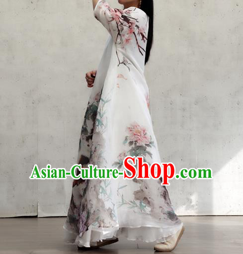 Chinese Traditional National Woman Costume Printing Peony Cat White Flax Qipao Dress Chinese Traditional National Woman Costume Printing Peony Cat White Flax Qipao Dress