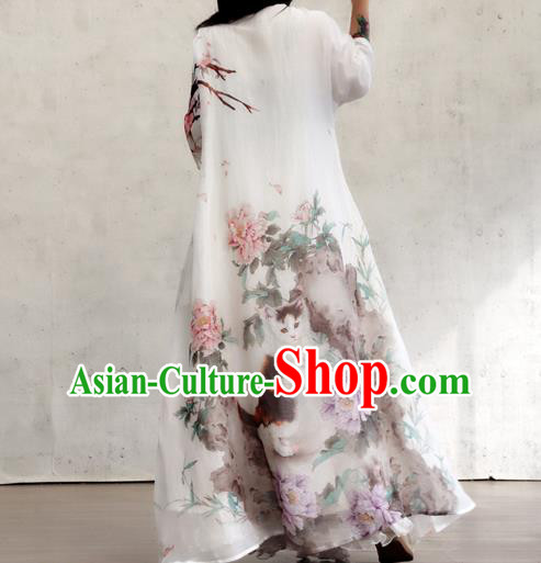 Chinese Traditional National Woman Costume Printing Peony Cat White Flax Qipao Dress Chinese Traditional National Woman Costume Printing Peony Cat White Flax Qipao Dress