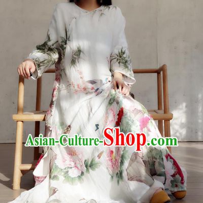 Chinese Traditional Printing Peony White Qipao Dress Stand Collar Cheongsam National Woman Costume