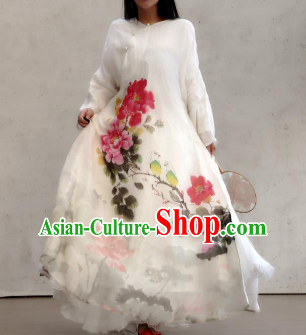 Chinese Slant Opening Cheongsam National Woman Costume Traditional Printing Peony Lotus White Qipao Dress Chinese Slant Opening Cheongsam National Woman Costume Traditional Printing Peony Lotus White Qipao Dress