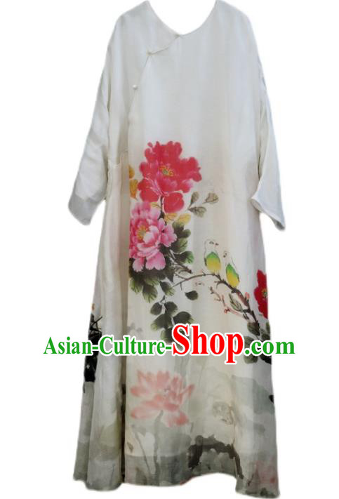 Chinese Slant Opening Cheongsam National Woman Costume Traditional Printing Peony Lotus White Qipao Dress Chinese Slant Opening Cheongsam National Woman Costume Traditional Printing Peony Lotus White Qipao Dress