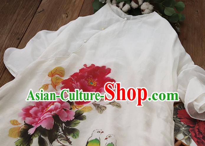 Chinese Slant Opening Cheongsam National Woman Costume Traditional Printing Peony Lotus White Qipao Dress Chinese Slant Opening Cheongsam National Woman Costume Traditional Printing Peony Lotus White Qipao Dress