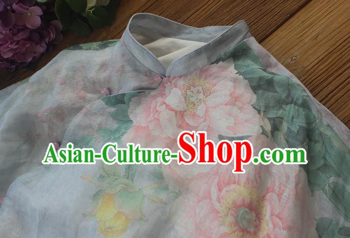 Chinese National Woman Costume Traditional Stand Collar Qipao Dress Printing Peony Blue Cheongsam Chinese National Woman Costume Traditional Stand Collar Qipao Dress Printing Peony Blue Cheongsam