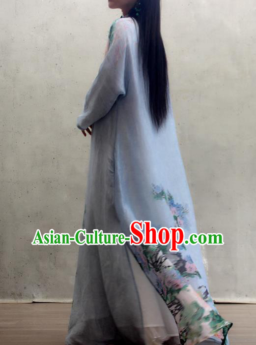 Chinese National Woman Costume Traditional Stand Collar Qipao Dress Printing Peony Blue Cheongsam Chinese National Woman Costume Traditional Stand Collar Qipao Dress Printing Peony Blue Cheongsam