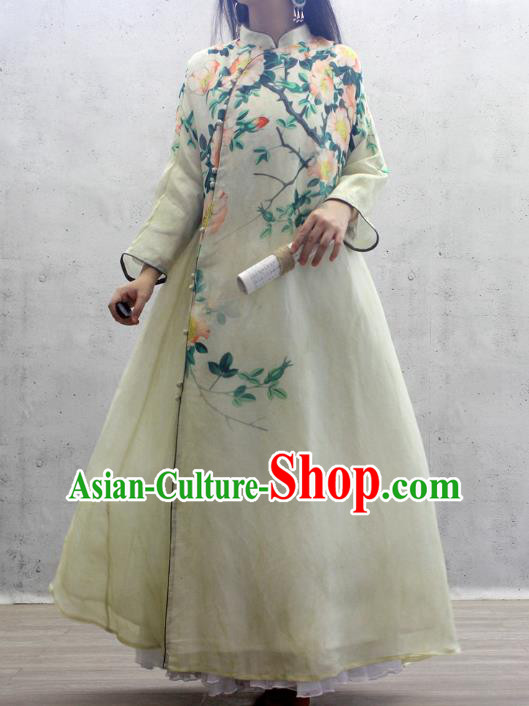 Chinese National Printing Flowers Yellow Cheongsam Woman Costume Traditional Stand Collar Qipao Dress Chinese National Printing Flowers Yellow Cheongsam Woman Costume Traditional Stand Collar Qipao Dress