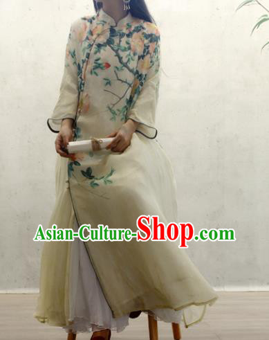Chinese National Printing Flowers Yellow Cheongsam Woman Costume Traditional Stand Collar Qipao Dress Chinese National Printing Flowers Yellow Cheongsam Woman Costume Traditional Stand Collar Qipao Dress