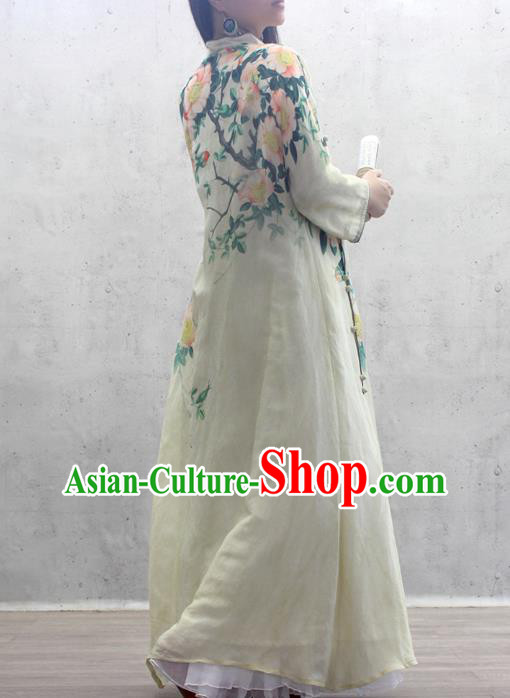 Chinese National Printing Flowers Yellow Cheongsam Woman Costume Traditional Stand Collar Qipao Dress Chinese National Printing Flowers Yellow Cheongsam Woman Costume Traditional Stand Collar Qipao Dress