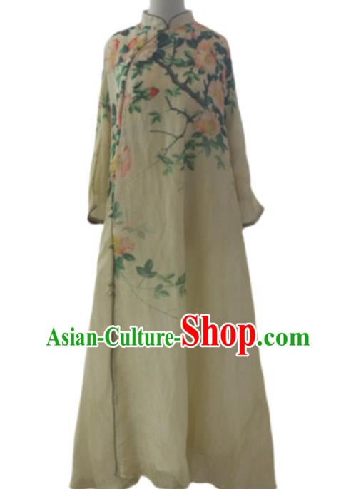 Chinese National Printing Flowers Yellow Cheongsam Woman Costume Traditional Stand Collar Qipao Dress Chinese National Printing Flowers Yellow Cheongsam Woman Costume Traditional Stand Collar Qipao Dress