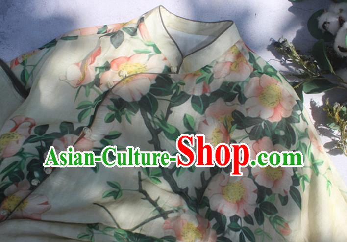 Chinese National Printing Flowers Yellow Cheongsam Woman Costume Traditional Stand Collar Qipao Dress Chinese National Printing Flowers Yellow Cheongsam Woman Costume Traditional Stand Collar Qipao Dress