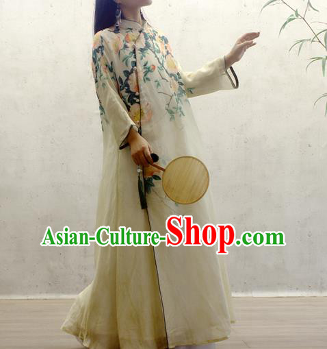 Chinese National Printing Flowers Yellow Cheongsam Woman Costume Traditional Stand Collar Qipao Dress Chinese National Printing Flowers Yellow Cheongsam Woman Costume Traditional Stand Collar Qipao Dress