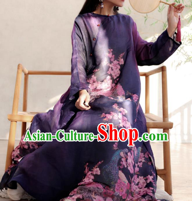 Chinese Traditional Slant Opening Qipao Dress National Printing Peacock Peony Purple Cheongsam Woman Costume Chinese Traditional Slant Opening Qipao Dress National Printing Peacock Peony Purple Cheongsam Woman Costume