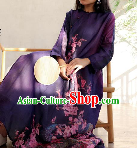 Chinese Traditional Slant Opening Qipao Dress National Printing Peacock Peony Purple Cheongsam Woman Costume Chinese Traditional Slant Opening Qipao Dress National Printing Peacock Peony Purple Cheongsam Woman Costume