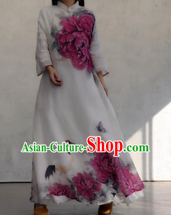Chinese Traditional Woman Costume Stand Collar Qipao Dress National Printing Purple Peony Cheongsam Chinese Traditional Woman Costume Stand Collar Qipao Dress National Printing Purple Peony Cheongsam