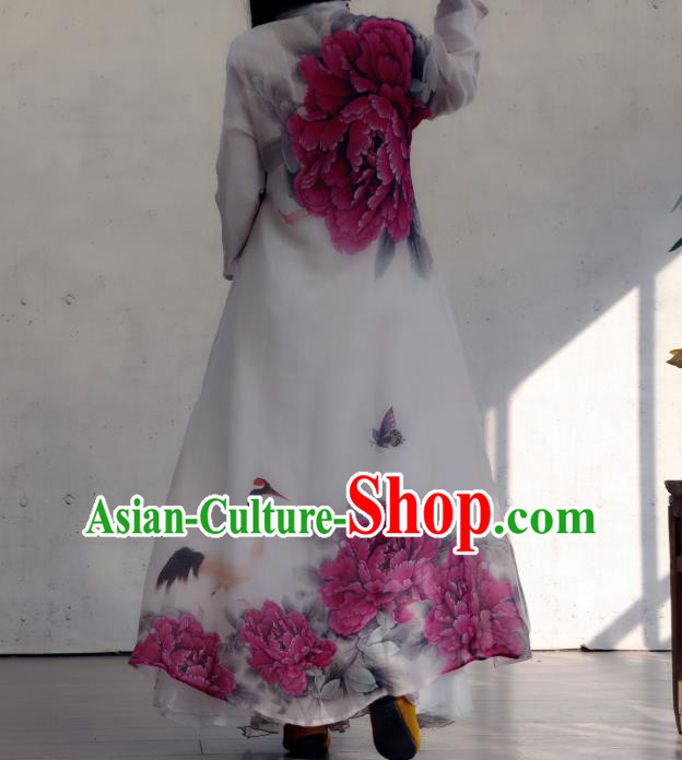 Chinese Traditional Woman Costume Stand Collar Qipao Dress National Printing Purple Peony Cheongsam Chinese Traditional Woman Costume Stand Collar Qipao Dress National Printing Purple Peony Cheongsam