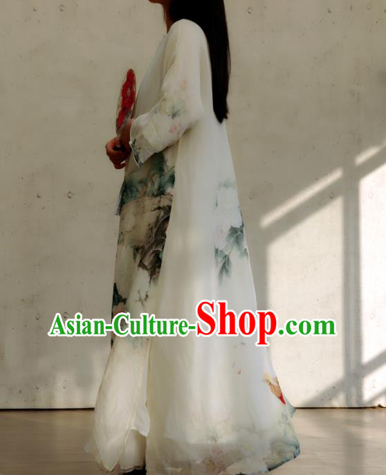 Chinese Slant Opening Qipao Dress National Printing Peony White Cheongsam Traditional Woman Costume Chinese Slant Opening Qipao Dress National Printing Peony White Cheongsam Traditional Woman Costume