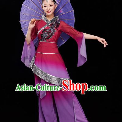 China Traditional Folk Dance Umbrella Dance Purple Outfits Jiaozhou Yangko Dance Performance Clothing