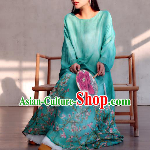 Chinese Traditional Printing Flowers Blue Qipao Dress Woman Costume National Round Collar Cheongsam Chinese Traditional Printing Flowers Blue Qipao Dress Woman Costume National Round Collar Cheongsam