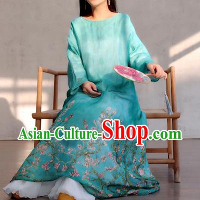 Chinese Traditional Printing Flowers Blue Qipao Dress Woman Costume National Round Collar Cheongsam
