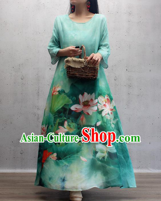 Chinese Traditional Qipao Dress Woman Costume National Printing Lotus Green Cheongsam Chinese Traditional Qipao Dress Woman Costume National Printing Lotus Green Cheongsam
