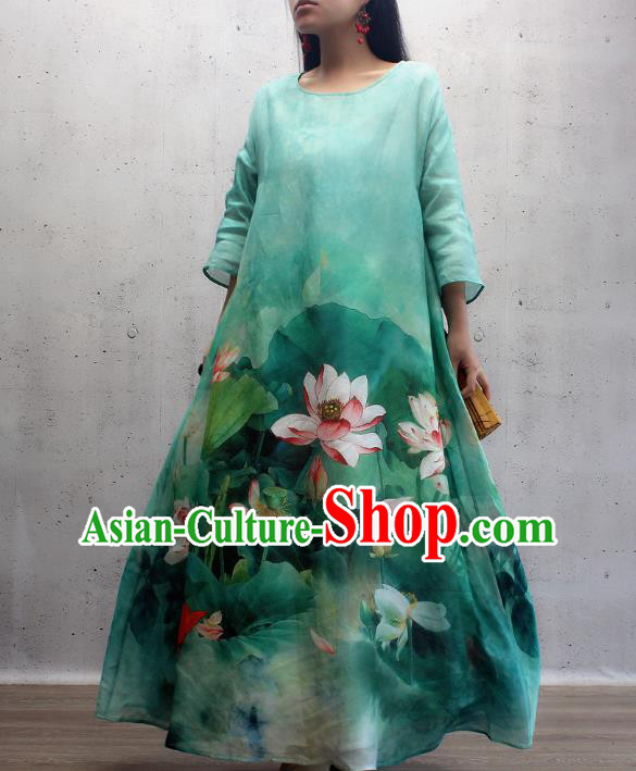 Chinese Traditional Qipao Dress Woman Costume National Printing Lotus Green Cheongsam Chinese Traditional Qipao Dress Woman Costume National Printing Lotus Green Cheongsam