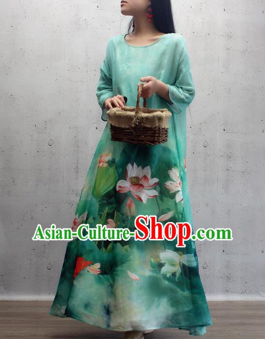 Chinese Traditional Qipao Dress Woman Costume National Printing Lotus Green Cheongsam Chinese Traditional Qipao Dress Woman Costume National Printing Lotus Green Cheongsam