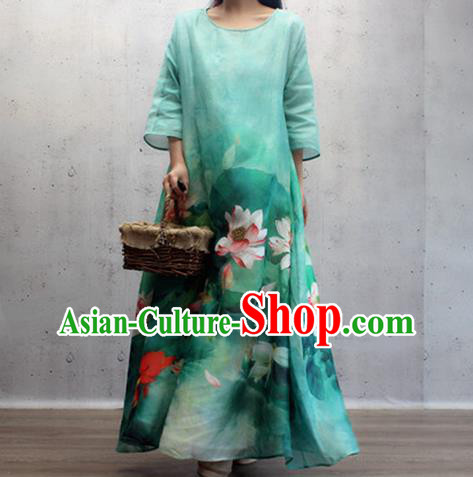 Chinese Traditional Qipao Dress Woman Costume National Printing Lotus Green Cheongsam Chinese Traditional Qipao Dress Woman Costume National Printing Lotus Green Cheongsam