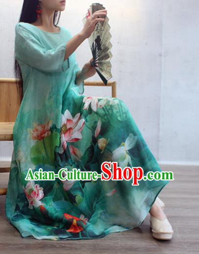 Chinese Traditional Qipao Dress Woman Costume National Printing Lotus Green Cheongsam Chinese Traditional Qipao Dress Woman Costume National Printing Lotus Green Cheongsam