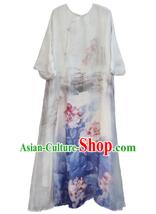 Chinese Traditional Printing Peony Blue Qipao Dress Woman Costume National Slant Opening Cheongsam Chinese Traditional Printing Peony Blue Qipao Dress Woman Costume National Slant Opening Cheongsam