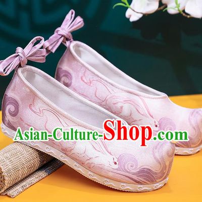 China Traditional Printing Pink Satin Shoes Ming Dynasty Hanfu Shoes Handmade Ancinet Princess Shoes