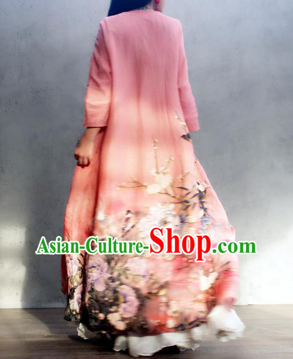 Chinese Traditional Slant Opening Qipao Dress Woman Costume National Printing Peony Pink Cheongsam Chinese Traditional Slant Opening Qipao Dress Woman Costume National Printing Peony Pink Cheongsam