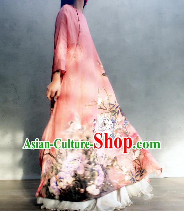 Chinese Traditional Slant Opening Qipao Dress Woman Costume National Printing Peony Pink Cheongsam Chinese Traditional Slant Opening Qipao Dress Woman Costume National Printing Peony Pink Cheongsam