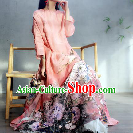 Chinese Traditional Slant Opening Qipao Dress Woman Costume National Printing Peony Pink Cheongsam Chinese Traditional Slant Opening Qipao Dress Woman Costume National Printing Peony Pink Cheongsam