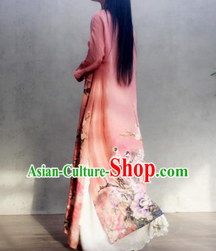 Chinese Traditional Slant Opening Qipao Dress Woman Costume National Printing Peony Pink Cheongsam Chinese Traditional Slant Opening Qipao Dress Woman Costume National Printing Peony Pink Cheongsam
