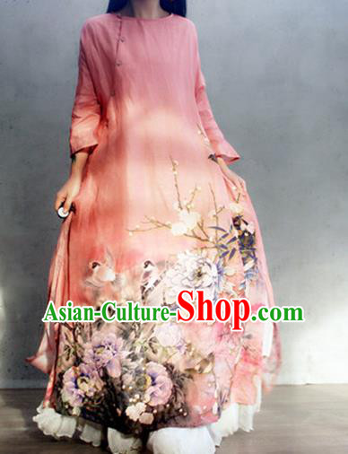 Chinese Traditional Slant Opening Qipao Dress Woman Costume National Printing Peony Pink Cheongsam Chinese Traditional Slant Opening Qipao Dress Woman Costume National Printing Peony Pink Cheongsam