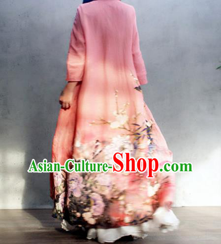 Chinese Traditional Slant Opening Qipao Dress Woman Costume National Printing Peony Pink Cheongsam Chinese Traditional Slant Opening Qipao Dress Woman Costume National Printing Peony Pink Cheongsam