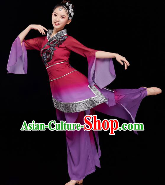 China Traditional Folk Dance Umbrella Dance Purple Outfits Jiaozhou Yangko Dance Performance Clothing