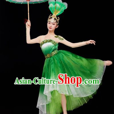 Chinese Woman Group Dance Green Dress Traditional Spring Festival Gala Peony Dance Costume