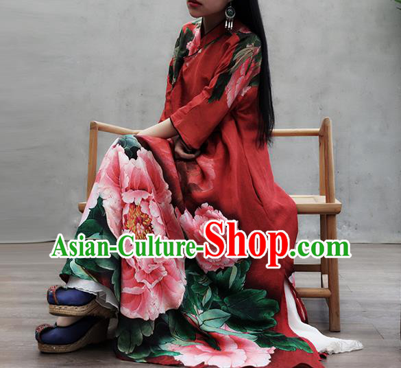 Chinese Traditional Tang Suit Loose Qipao Dress Woman Costume National Printing Peony Red Cheongsam Chinese Traditional Tang Suit Loose Qipao Dress Woman Costume National Printing Peony Red Cheongsam