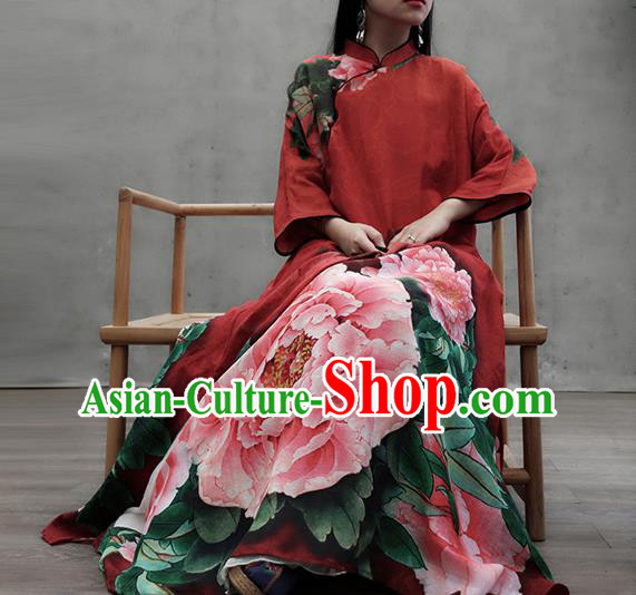 Chinese Traditional Tang Suit Loose Qipao Dress Woman Costume National Printing Peony Red Cheongsam Chinese Traditional Tang Suit Loose Qipao Dress Woman Costume National Printing Peony Red Cheongsam