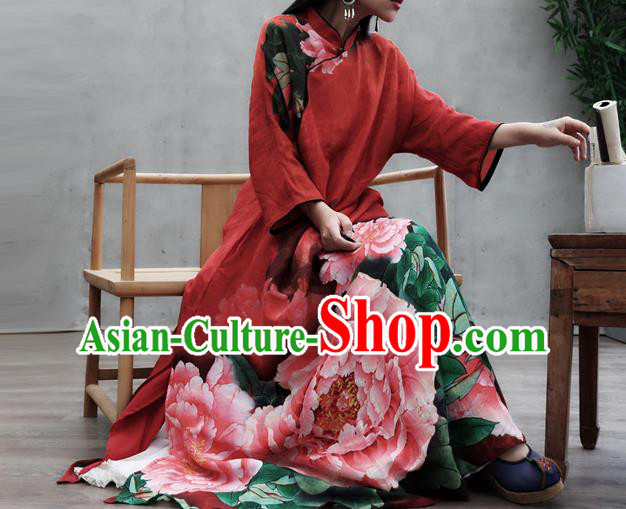 Chinese Traditional Tang Suit Loose Qipao Dress Woman Costume National Printing Peony Red Cheongsam Chinese Traditional Tang Suit Loose Qipao Dress Woman Costume National Printing Peony Red Cheongsam