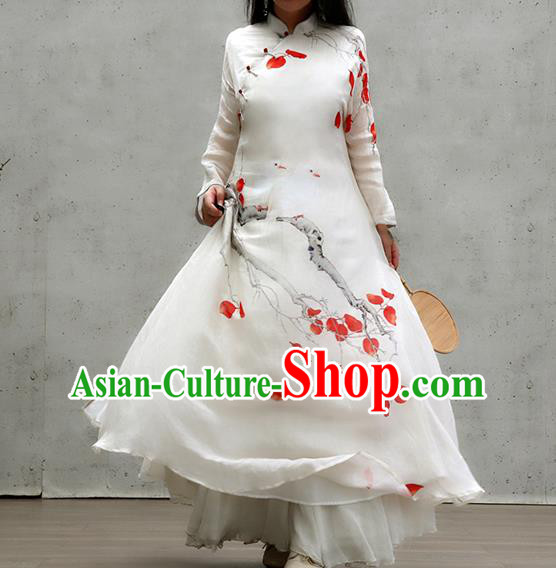 Chinese Traditional Stand Collar White Qipao Dress Woman Costume National Printing Red Leaf Cheongsam Chinese Traditional Stand Collar White Qipao Dress Woman Costume National Printing Red Leaf Cheongsam