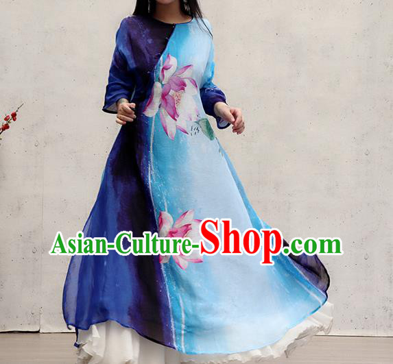 Chinese Traditional Tang Suit Qipao Dress Female Costume National Printing Lotus Blue Cheongsam Chinese Traditional Tang Suit Qipao Dress Female Costume National Printing Lotus Blue Cheongsam