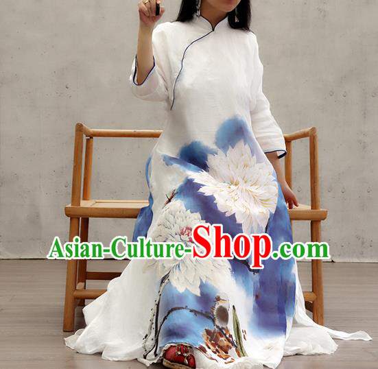 Chinese Traditional Ink Painting Lotus Qipao Dress Female Costume National Printing White Loose Cheongsam Chinese Traditional Ink Painting Lotus Qipao Dress Female Costume National Printing White Loose Cheongsam