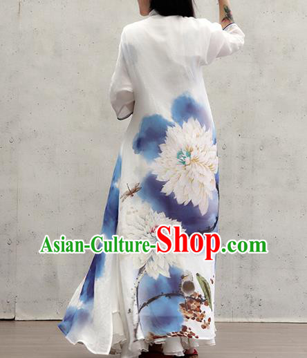 Chinese Traditional Ink Painting Lotus Qipao Dress Female Costume National Printing White Loose Cheongsam Chinese Traditional Ink Painting Lotus Qipao Dress Female Costume National Printing White Loose Cheongsam