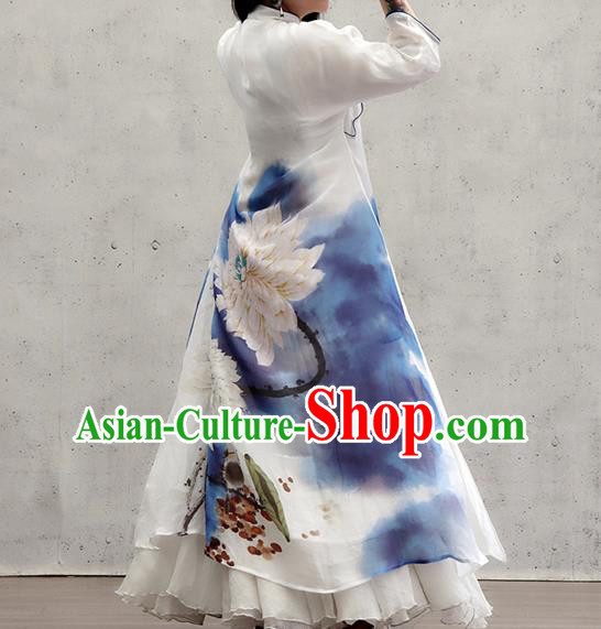 Chinese Traditional Ink Painting Lotus Qipao Dress Female Costume National Printing White Loose Cheongsam Chinese Traditional Ink Painting Lotus Qipao Dress Female Costume National Printing White Loose Cheongsam