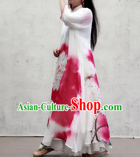 Chinese Female Costume National Printing Red Loose Cheongsam Traditional Ink Painting Lotus Qipao Dress Chinese Female Costume National Printing Red Loose Cheongsam Traditional Ink Painting Lotus Qipao Dress