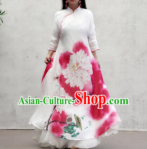 Chinese Female Costume National Printing Red Loose Cheongsam Traditional Ink Painting Lotus Qipao Dress Chinese Female Costume National Printing Red Loose Cheongsam Traditional Ink Painting Lotus Qipao Dress